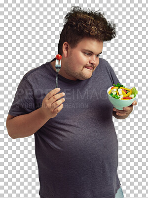 Buy stock photo Diet, salad and plus size man eating healthy food for diet or detox isolated on transparent png background. Funny model or person with fruits, vegetables and nutrition, choice or lose weight decision