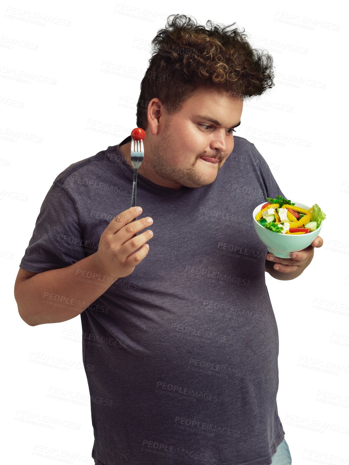 Buy stock photo Diet, salad and plus size man eating healthy food for diet or detox isolated on transparent png background. Funny model or person with fruits, vegetables and nutrition, choice or lose weight decision