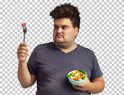 Buy stock photo Isolated man, doubt eating salad or think for health, wellness or diet by transparent png background. Plus size guy, student or nutrition for choice, decision or lose weight for meal, brunch or food