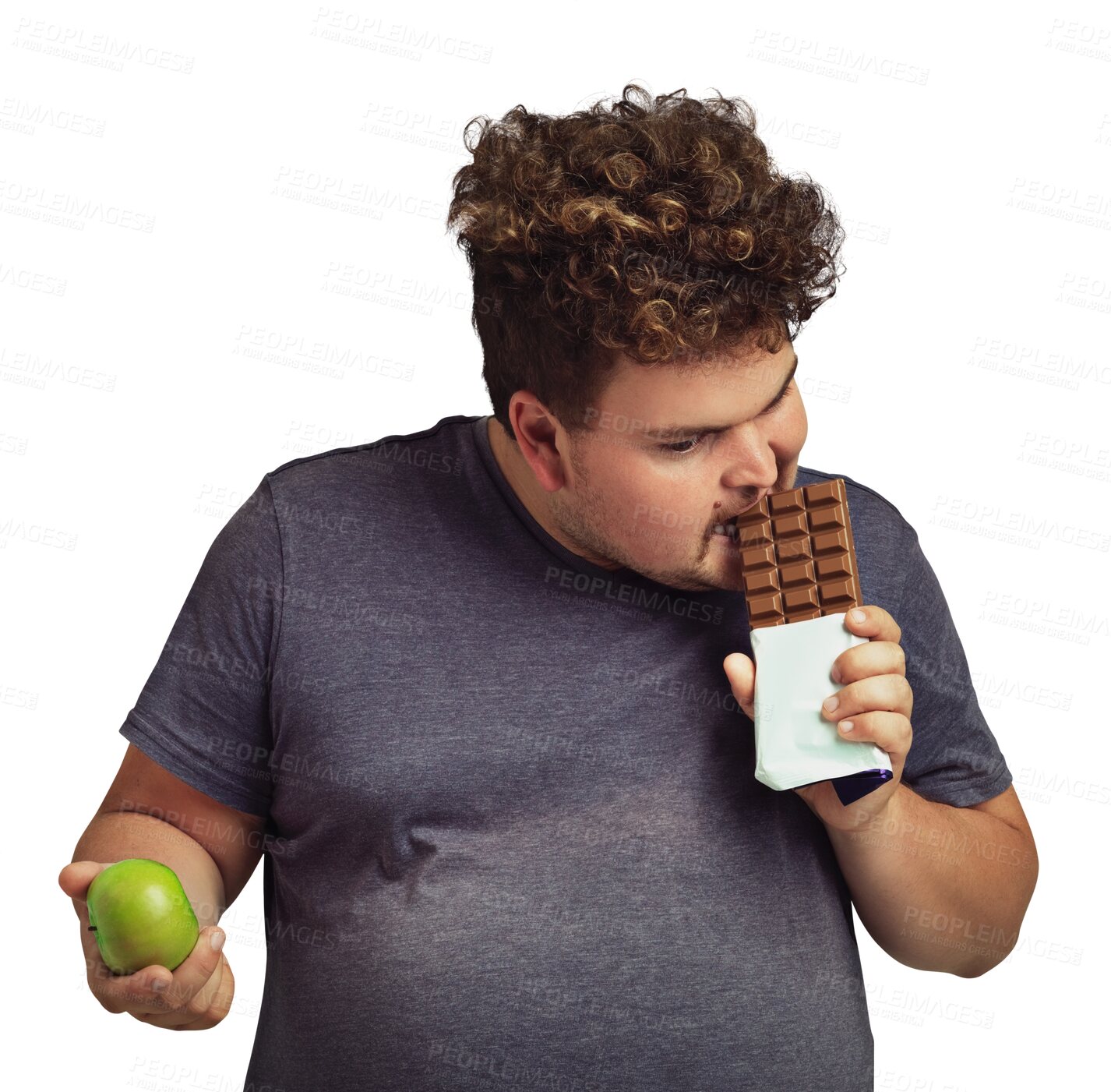 Buy stock photo Apple, chocolate and man eating with unhealthy choice isolated on transparent, png background of food, sugar and diet. Dessert, green fruit and plus size person with detox fail or lose weight balance