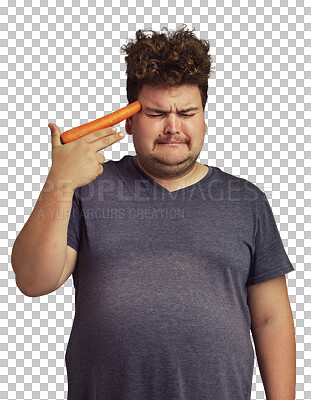 Buy stock photo Plus size, carrot gun and man isolated on a transparent png background. Vegetables, carrots and sad person with fear for healthy diet, nutrition and vitamins or plants, food and health wellness