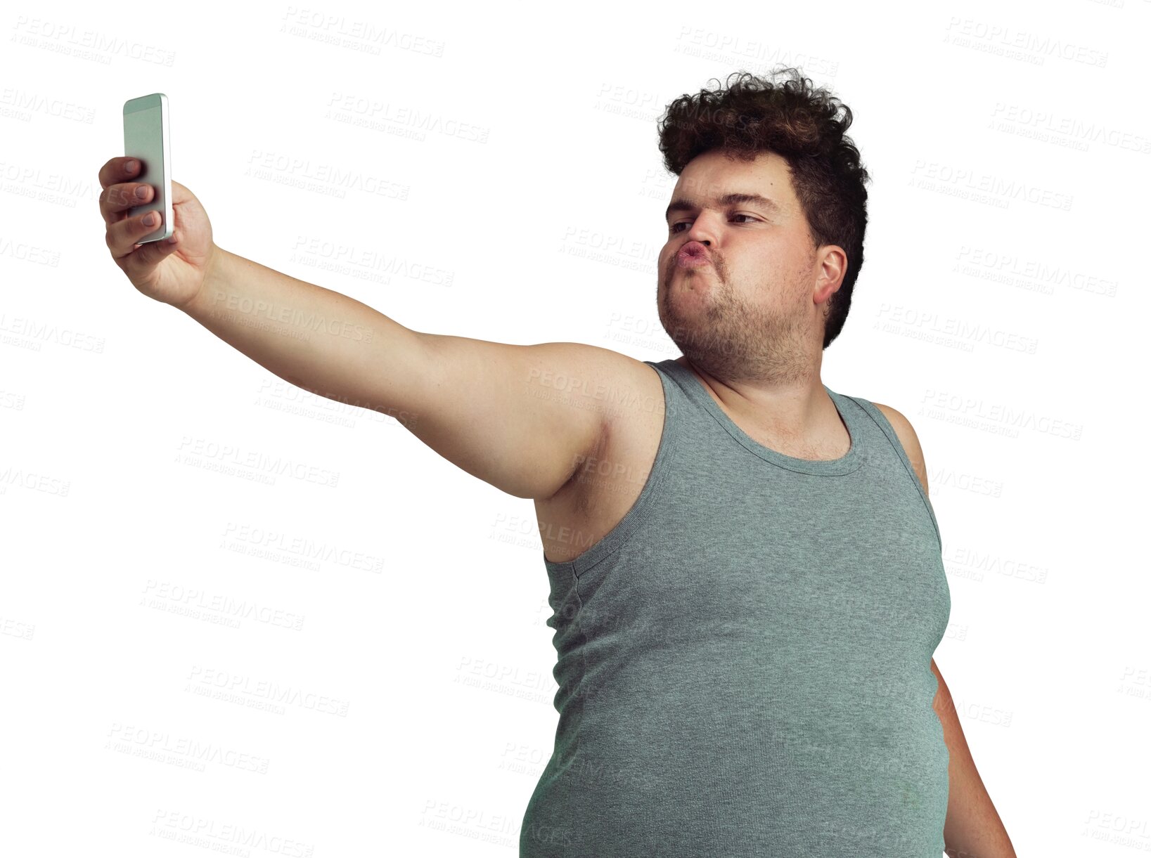 Buy stock photo Isolated plus size man, selfie and face with funny pout, kiss and comic for blog by transparent png background. Young guy, student and lips for photography, social network app and profile picture