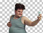 PNG of an overweight man taking a selfie with his phone