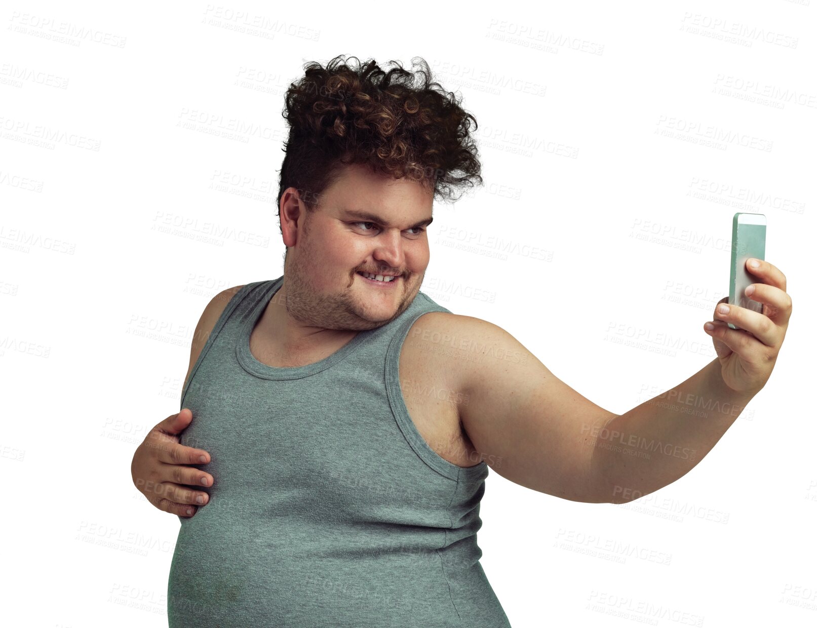 Buy stock photo Isolated plus size man, selfie and smile with happiness, pride and memory for blog by transparent png background. Young guy, funny and happy for photography, social network app and profile picture