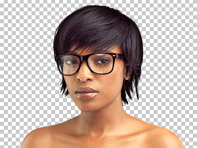 Buy stock photo Black woman in portrait, glasses and beauty, cosmetics and eye care with vision isolated on transparent png background. Skincare, glow and African female model in eyewear, prescription lens and frame