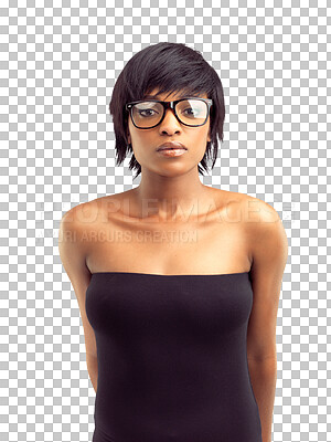 Buy stock photo Serious, portrait of a black woman with glasses and isolated against a transparent png background. Empowerment or radiating natural beauty, nerd or geek and African female person pose for focus