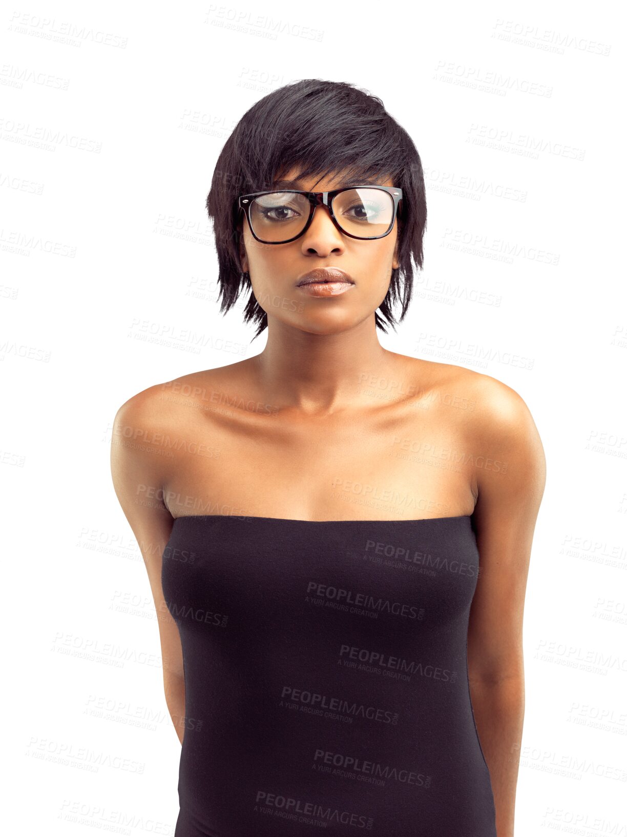 Buy stock photo Serious, portrait of a black woman with glasses and isolated against a transparent png background. Empowerment or radiating natural beauty, nerd or geek and African female person pose for focus