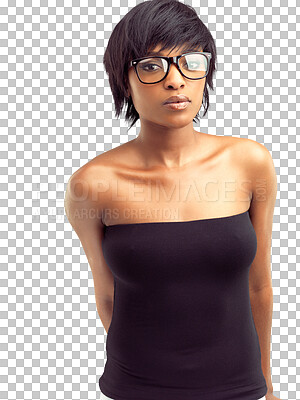 Buy stock photo Portrait, black woman and glasses for eye care, frame and prescription optometry lens for eyesight on isolated, transparent or PNG background. Spectacles, face and girl with eyeglasses at optometrist