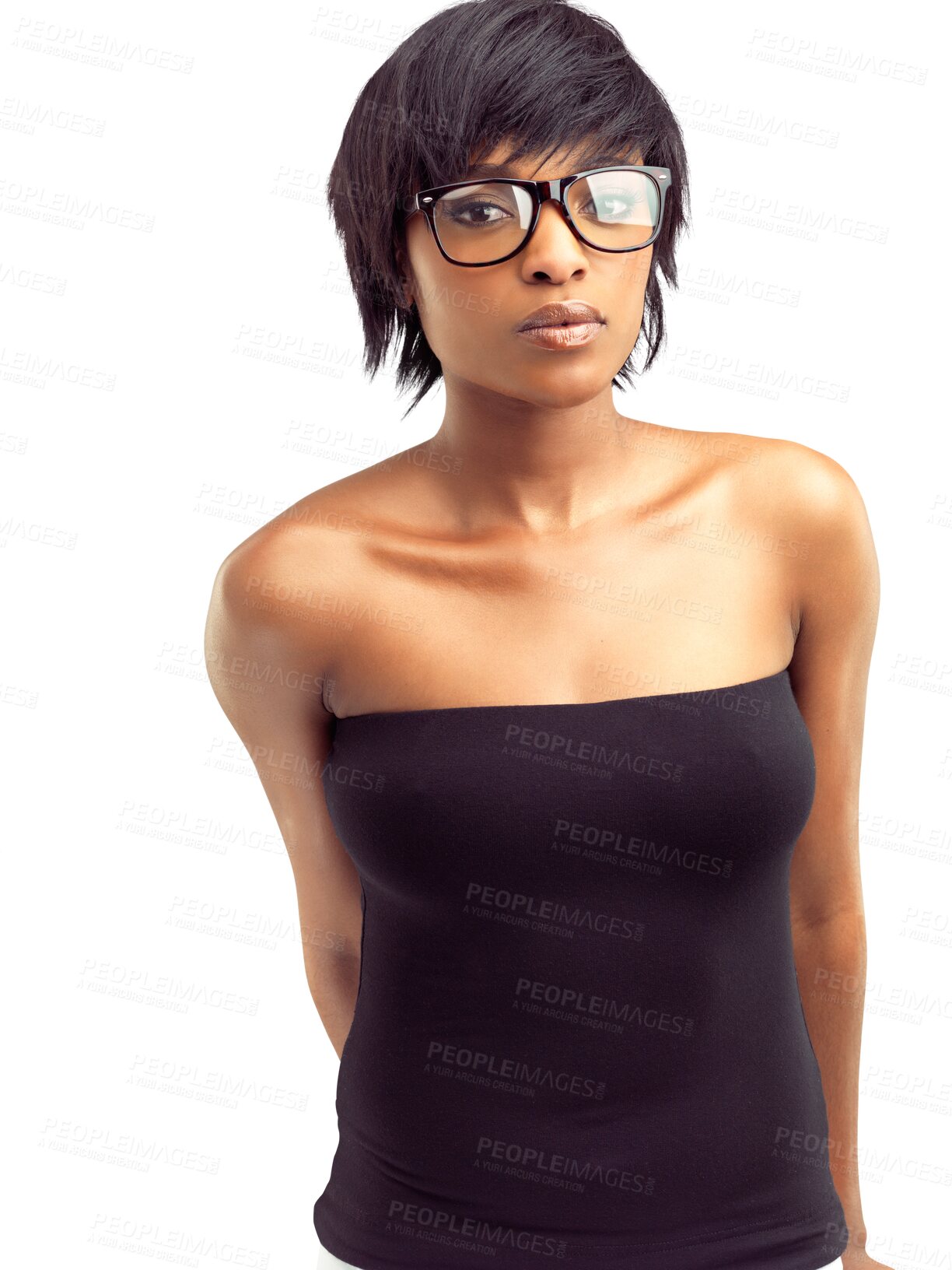 Buy stock photo Portrait, black woman and glasses for eye care, frame and prescription optometry lens for eyesight on isolated, transparent or PNG background. Spectacles, face and girl with eyeglasses at optometrist