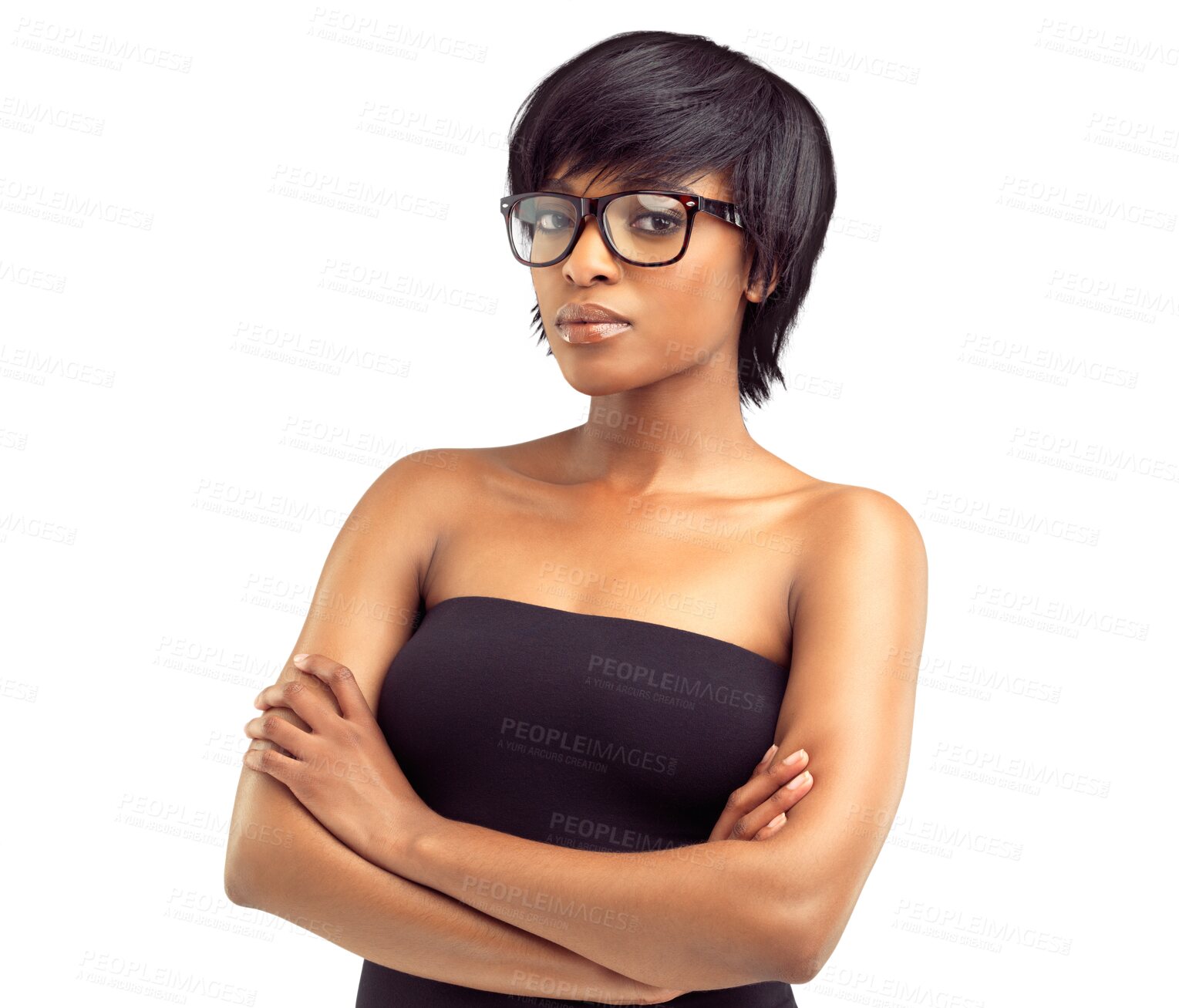 Buy stock photo Serious, portrait and black woman with glasses and arms crossed on isolated, transparent or PNG background. Prescription, spectacles and eyewear lens frame for eyesight, optometry or eye care 