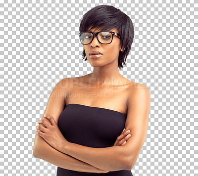 Buy stock photo Portrait, serious and black woman with glasses and arms crossed on isolated, transparent or PNG background. Prescription, spectacles and eyewear lens frame, optometry or eye care for confidence