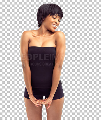 Buy stock photo Confident, body and smile on happy woman isolated on transparent png background with self care, pride and flirt. Natural beauty, confidence and proud African model with underwear, wellness and health