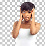 PNG of a head and shoulders studio portrait of a beautiful african woman looking intently at the camera.