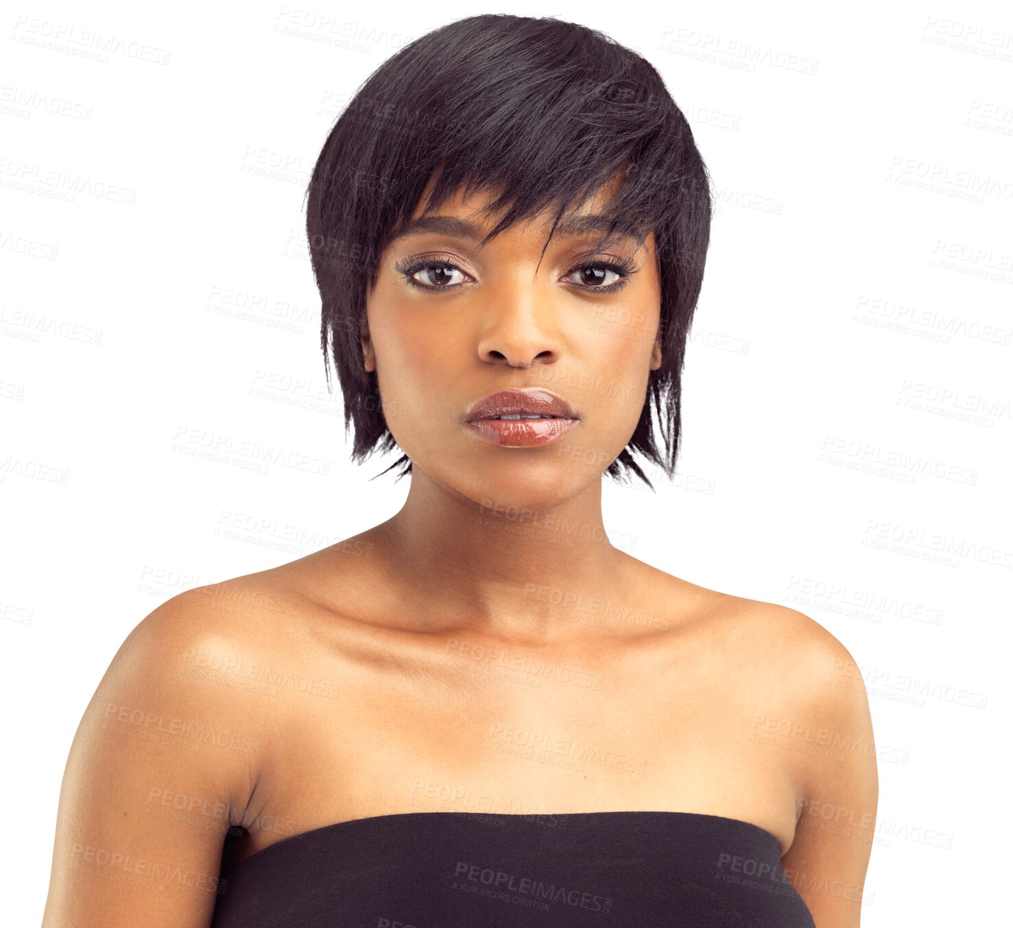 Buy stock photo Confidence, beauty and portrait of black woman on isolated, png and transparent background. Serious, natural model and face of attractive female person with cosmetics, makeup and trendy hairstyle