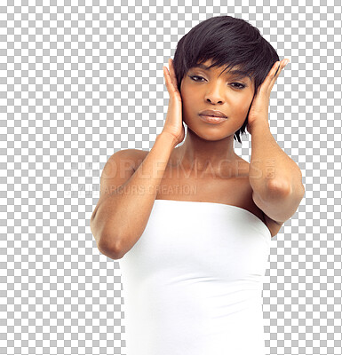 Buy stock photo Black woman, beauty portrait and natural skincare with cosmetics and satisfaction isolated on transparent png background. Glow, grooming and female model touching skin, dermatology and hair care