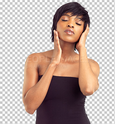 Buy stock photo Skincare, beauty and face of black woman with satisfaction on isolated, png and transparent background. Confidence, aesthetic and natural female person pose with cosmetics, makeup and wellness