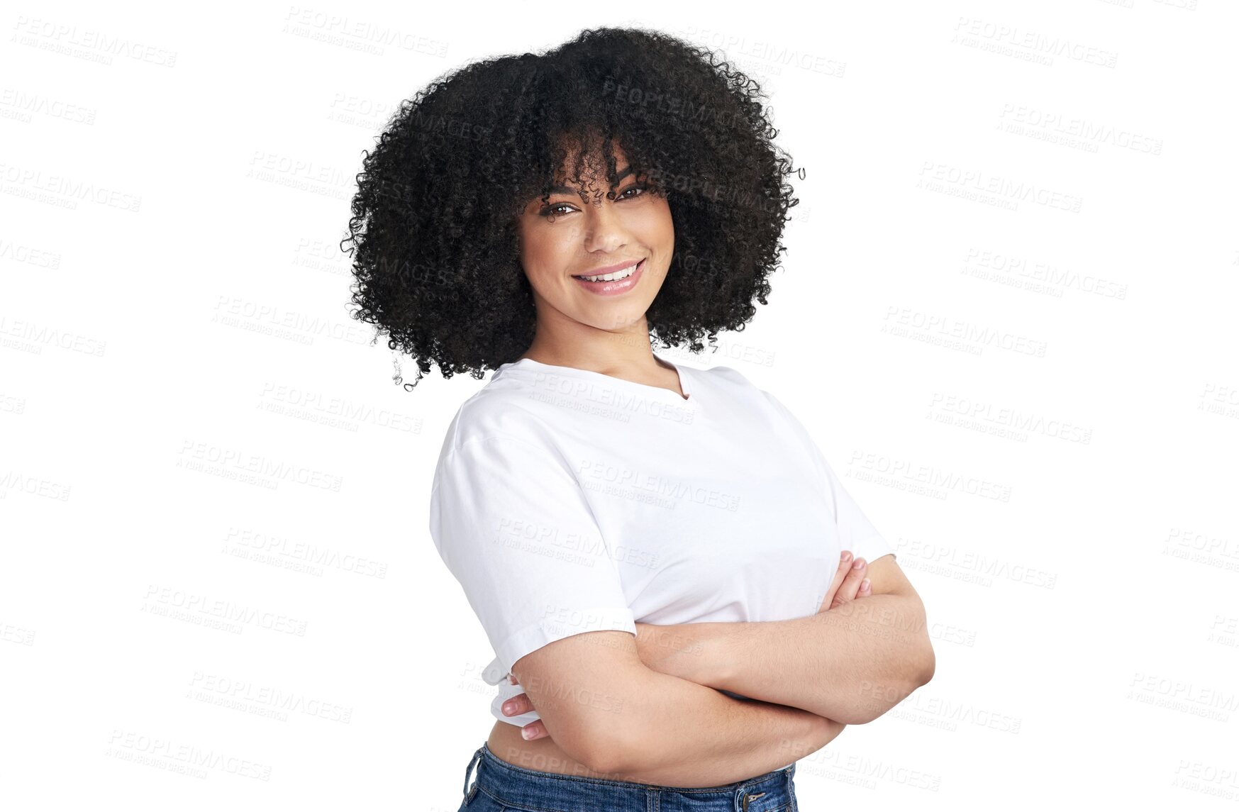 Buy stock photo Woman in portrait, arms crossed with smile and confidence, youth and positivity isolated on transparent png background. Happy female model, positive mindset and casual style with beauty and pride