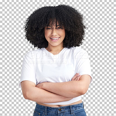 Buy stock photo Happy woman in portrait, arms crossed and smile, confidence with youth isolated on transparent png background. Female model, afro hairstyle and casual style, beauty and happiness with positivity