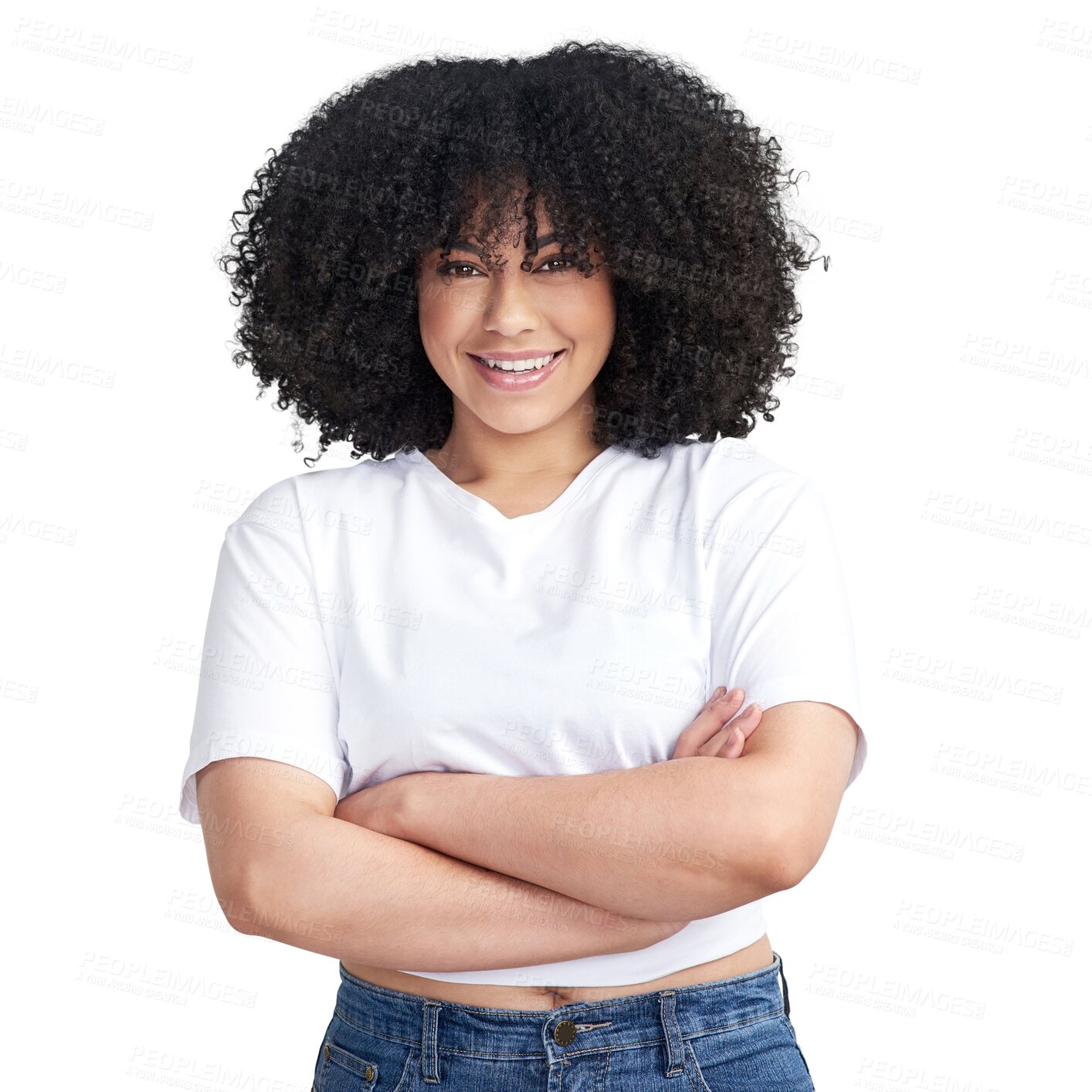 Buy stock photo Happy woman in portrait, arms crossed and smile, confidence with youth isolated on transparent png background. Female model, afro hairstyle and casual style, beauty and happiness with positivity