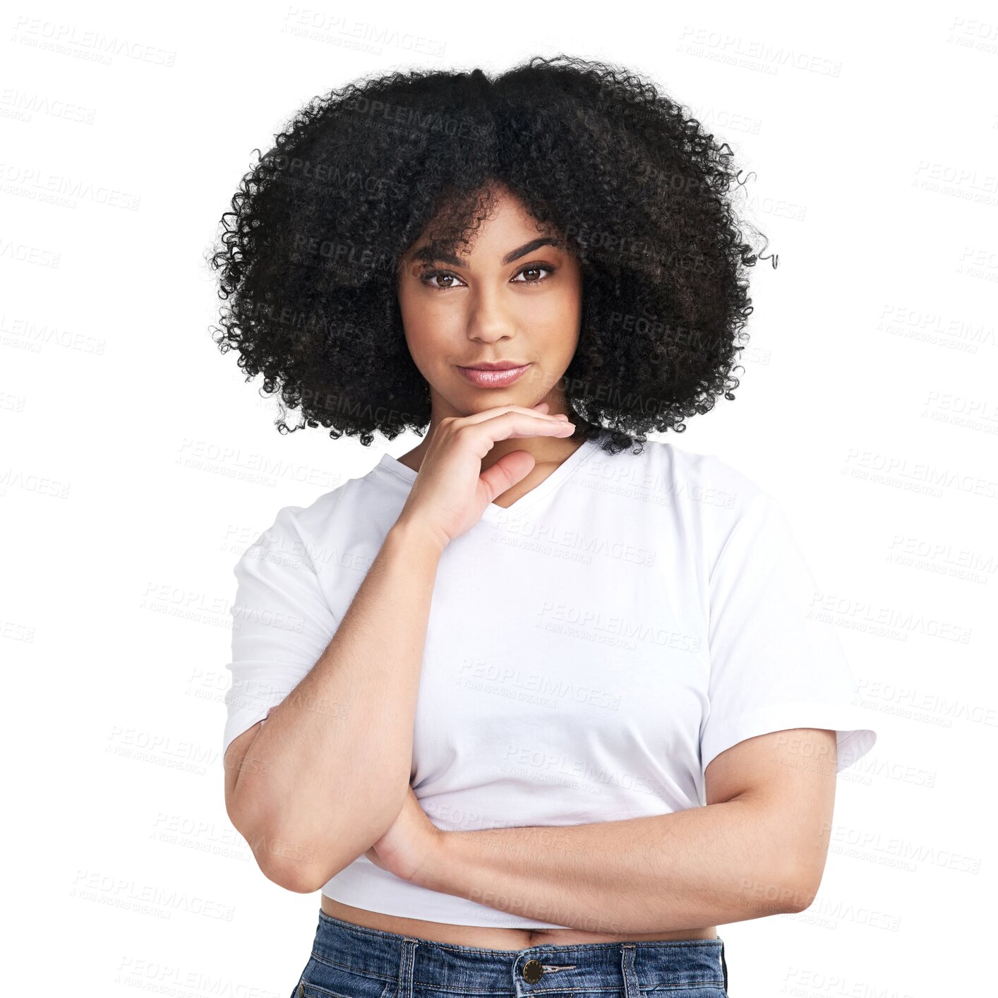 Buy stock photo Portrait, serious and black woman with afro, casual and confident girl isolated against a transparent background. Face, female person and model with streetwear, fashion and png with trendy outfit