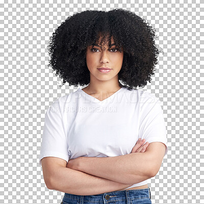 Buy stock photo Portrait, casual and black woman with arms crossed, calm and girl isolated against a transparent background. Face, female person or model with afro, streetwear and style with confidence, png or youth