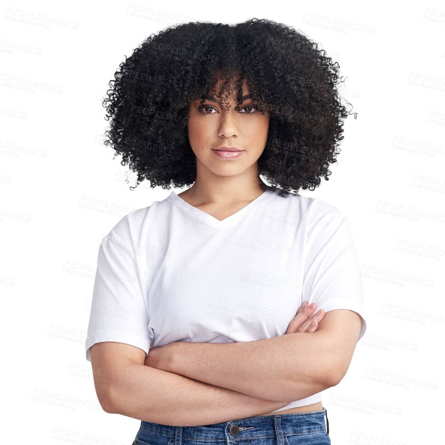 Buy stock photo Portrait, casual and black woman with arms crossed, calm and girl isolated against a transparent background. Face, female person or model with afro, streetwear and style with confidence, png or youth