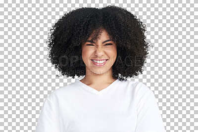 Buy stock photo Portrait, funny and black woman with emoji, silly and facial expression isolated against a transparent background. Face, female person and model laughing, afro and png with happiness and confidence