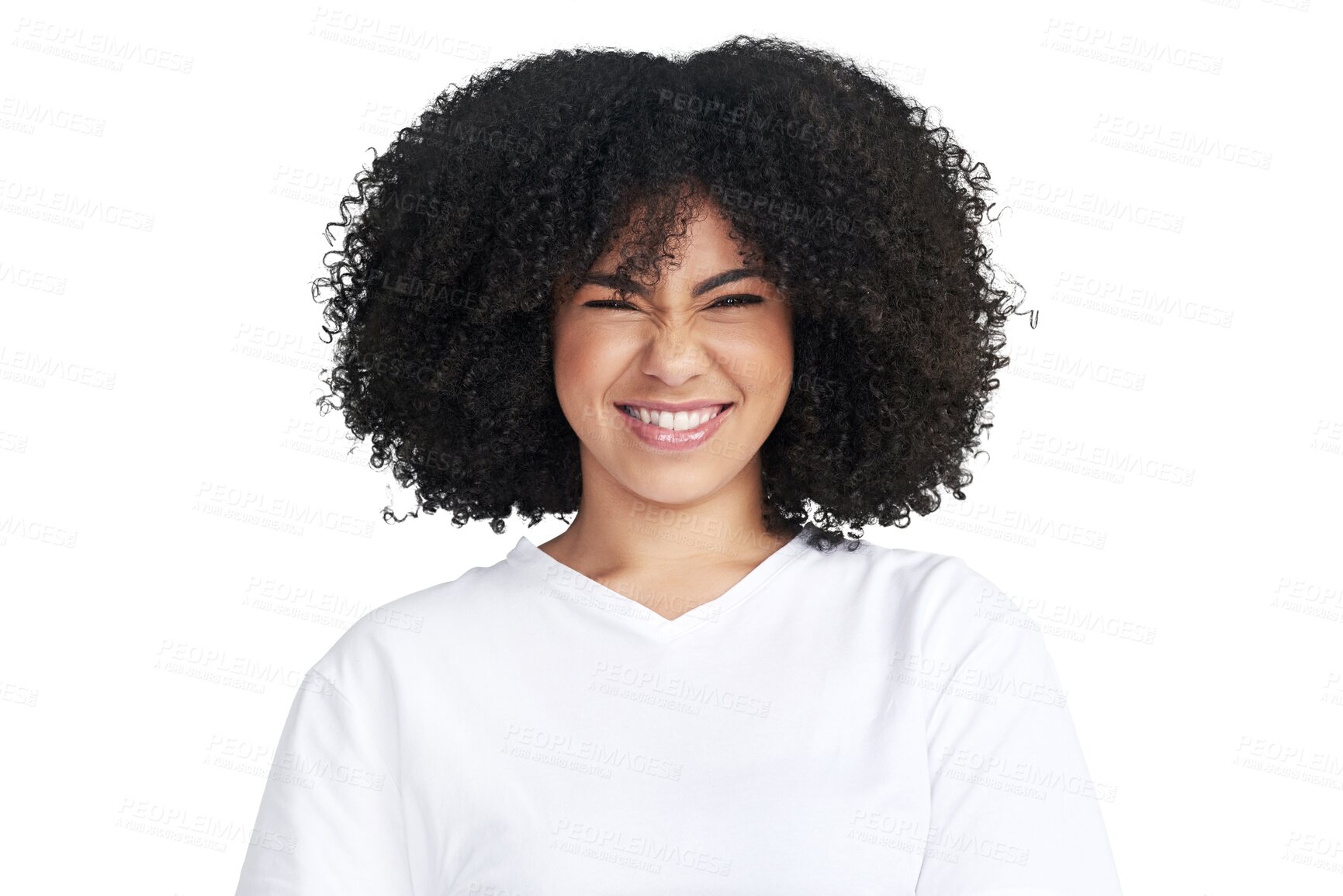 Buy stock photo Portrait, funny and black woman with emoji, silly and facial expression isolated against a transparent background. Face, female person and model laughing, afro and png with happiness and confidence