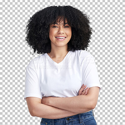 Buy stock photo Woman in portrait, arms crossed and happy with confidence, youth and positivity isolated on transparent png background. Female model smile, positive mindset and casual style with beauty and pride