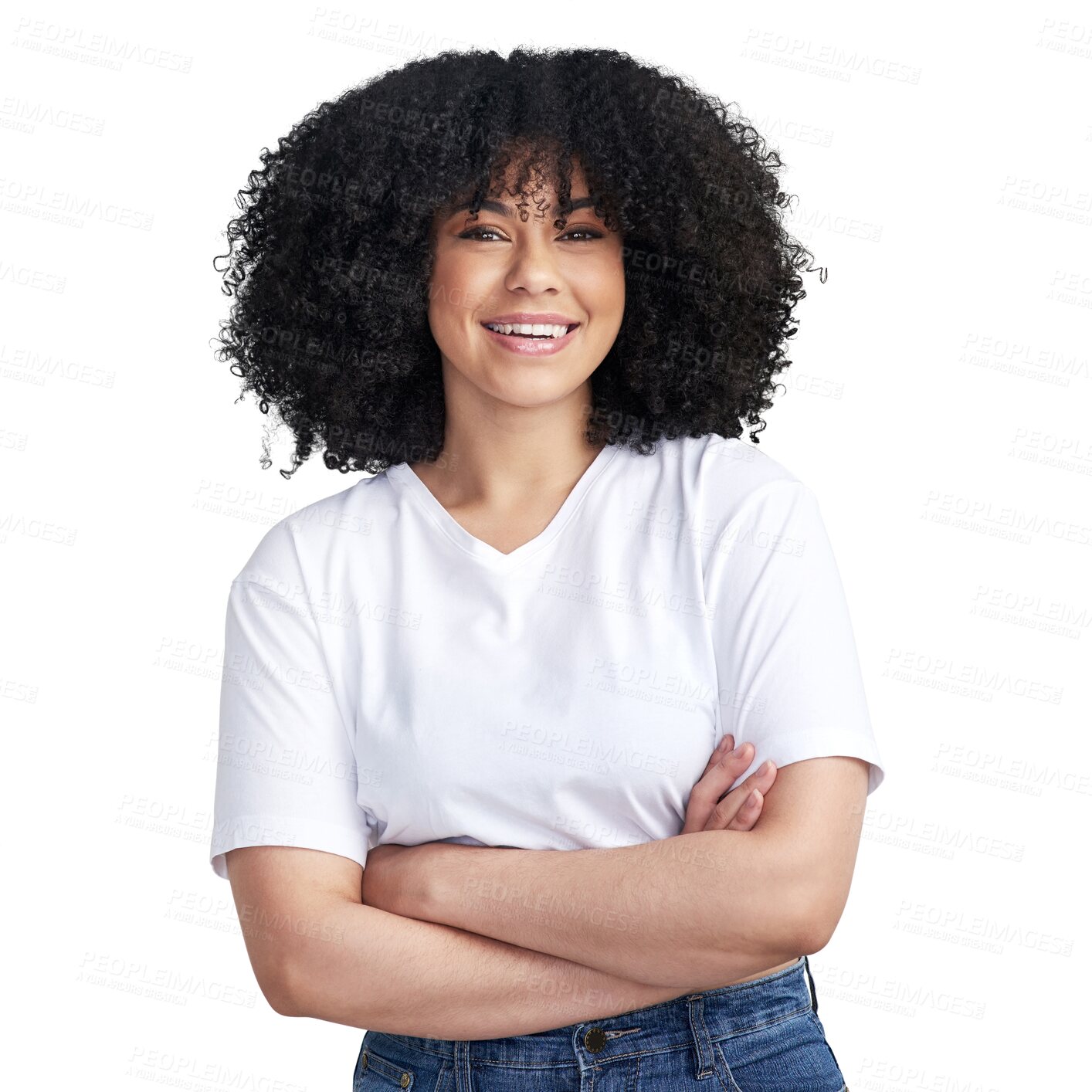 Buy stock photo Woman in portrait, arms crossed and happy with confidence, youth and positivity isolated on transparent png background. Female model smile, positive mindset and casual style with beauty and pride