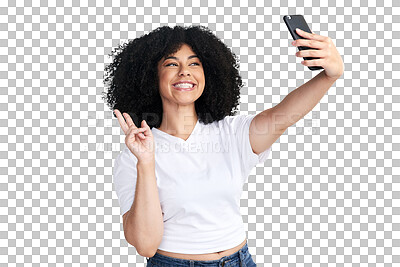 Buy stock photo Woman, afro and peace sign for selfie, smile or emoji on app, isolated and transparent png background. Young influencer girl, model or student for photography, profile picture or icon on social media