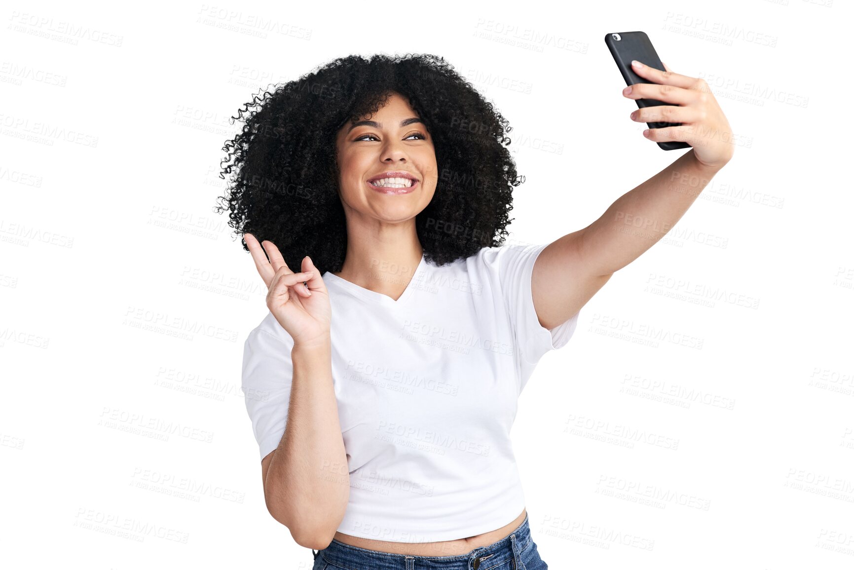 Buy stock photo Woman, afro and peace sign for selfie, smile or emoji on app, isolated and transparent png background. Young influencer girl, model or student for photography, profile picture or icon on social media