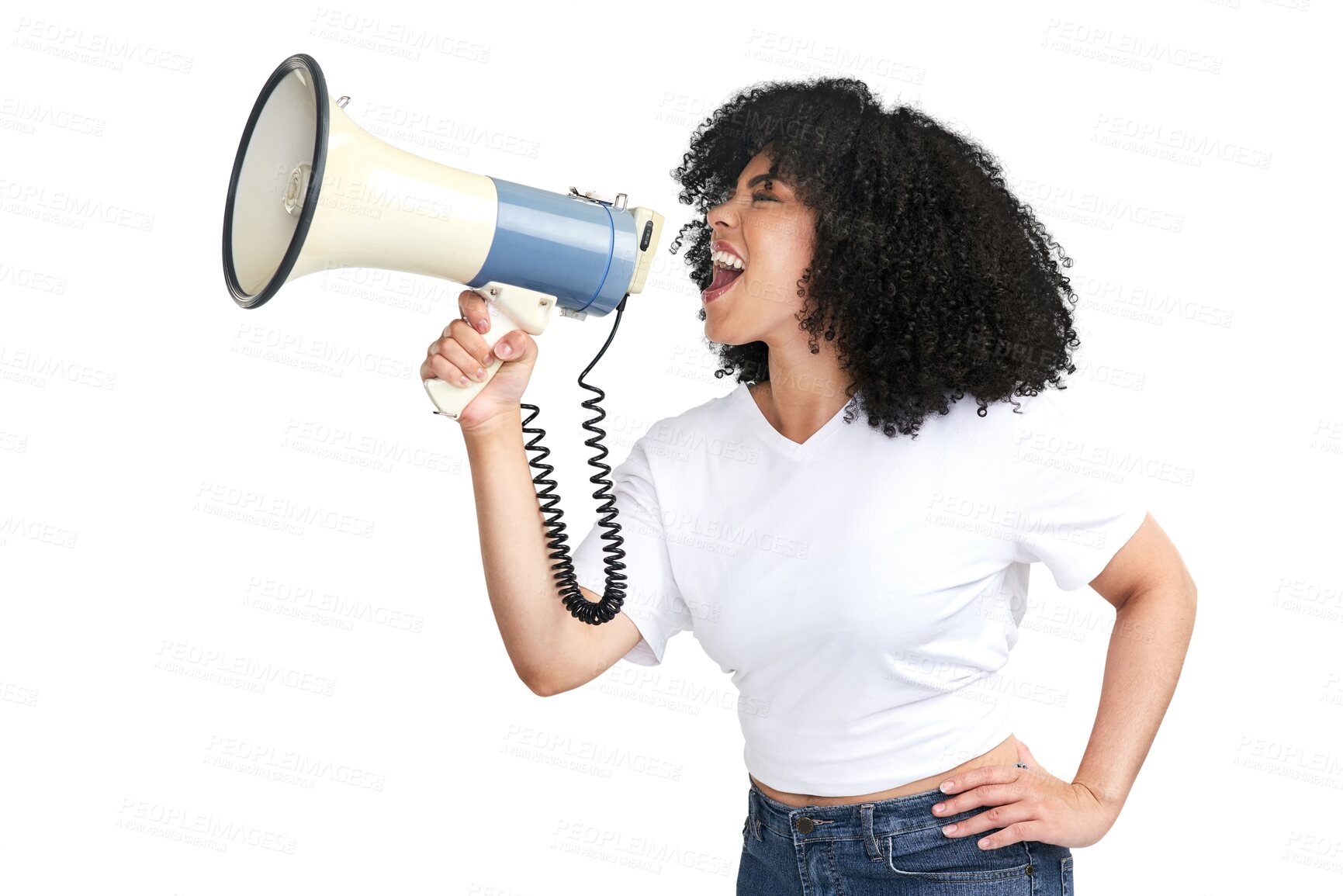 Buy stock photo Isolated woman, megaphone and afro with shout, voice and justice for power, promo and transparent png background. Young girl, speaker or notification for human rights, news and student protest action