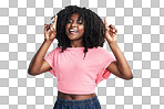 PNG studio shot of an attractive young woman pointing upwards.