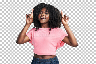 Buy stock photo Portrait, pointing up and black woman with a smile, promotion and announcement isolated against a transparent background. Face, female person and model with happiness, choice and png with opportunity