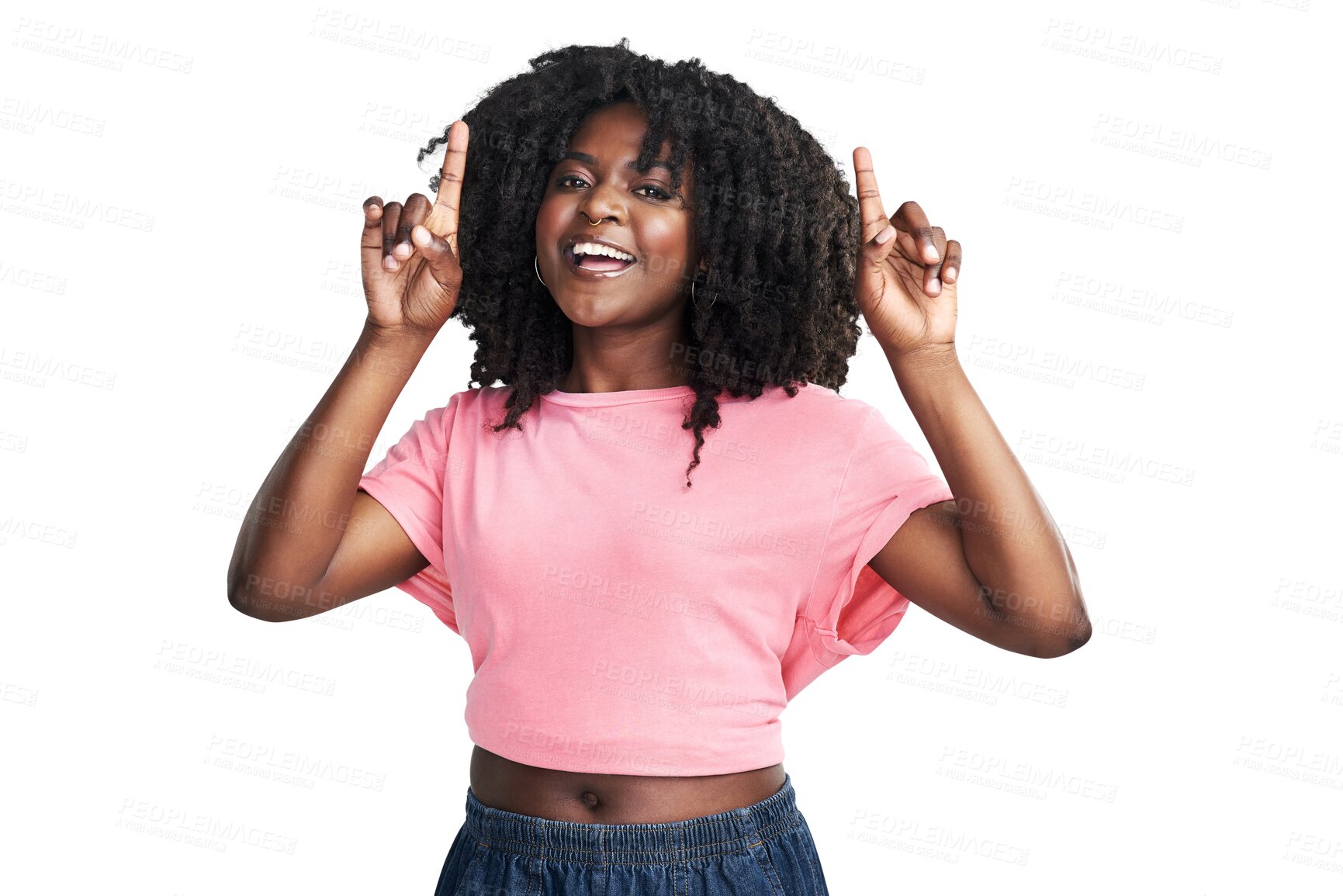 Buy stock photo Portrait, pointing up and black woman with a smile, promotion and announcement isolated against a transparent background. Face, female person and model with happiness, choice and png with opportunity