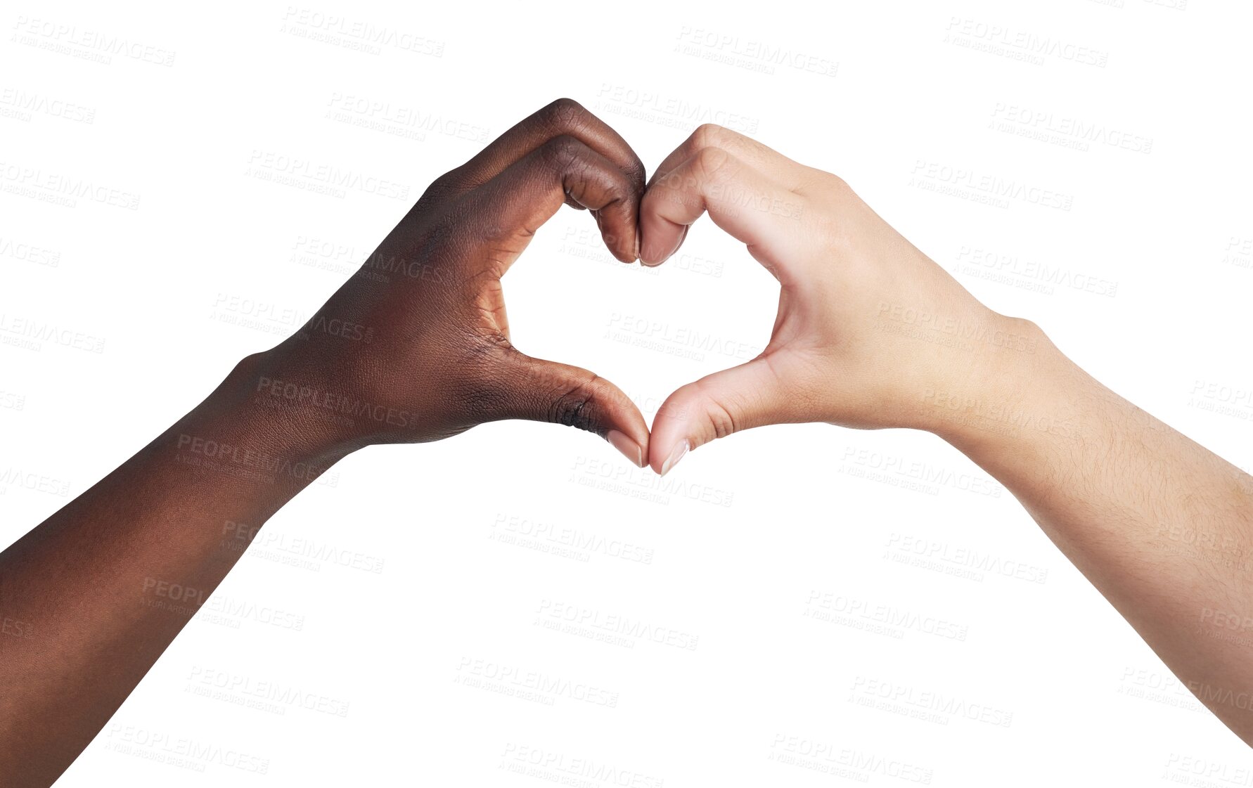 Buy stock photo Diversity, love and heart hands for unity, care or team together isolated on a transparent PNG background. Hand of people touching for loving emoji, sign or symbol in diverse, partnership or support