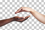 PNG cropped studio shot of two women reaching their hands out to each other.