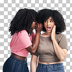 Studio shot of a young woman whispering in her friends ear.