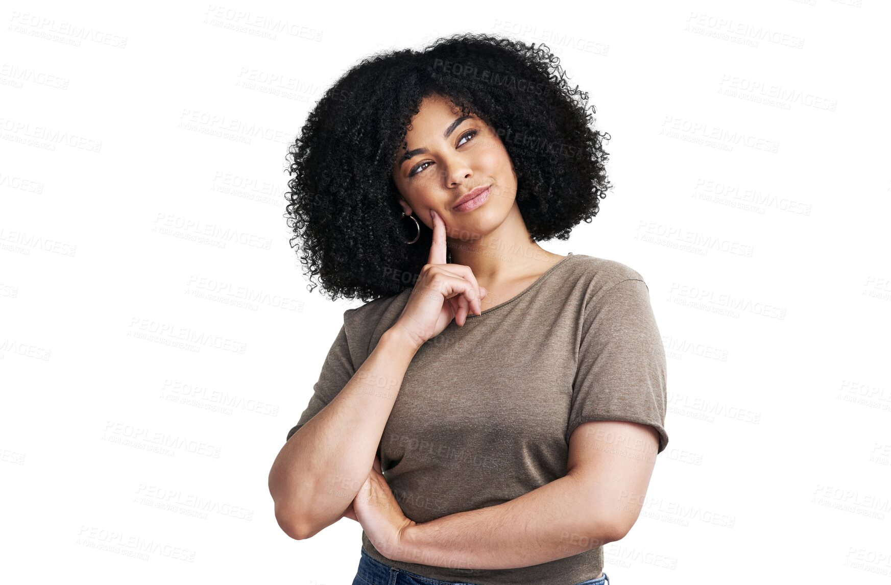 Buy stock photo Thinking, ideas and black woman with fantasy, solution and problem solving isolated against a transparent background. Female person, girl and model with decisions, opportunity and future with png