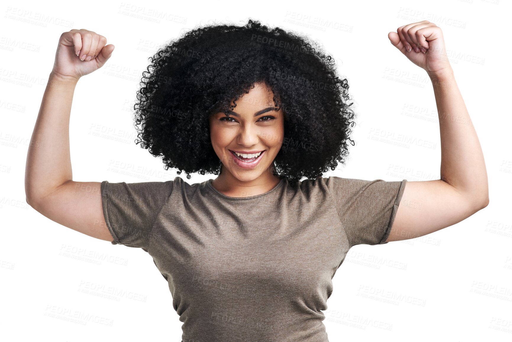 Buy stock photo Portrait, power or happy woman flexing arms with freedom isolated on transparent png background. Feminism, empowerment or strong biracial gen z girl smiling with strength, equality or freedom alone