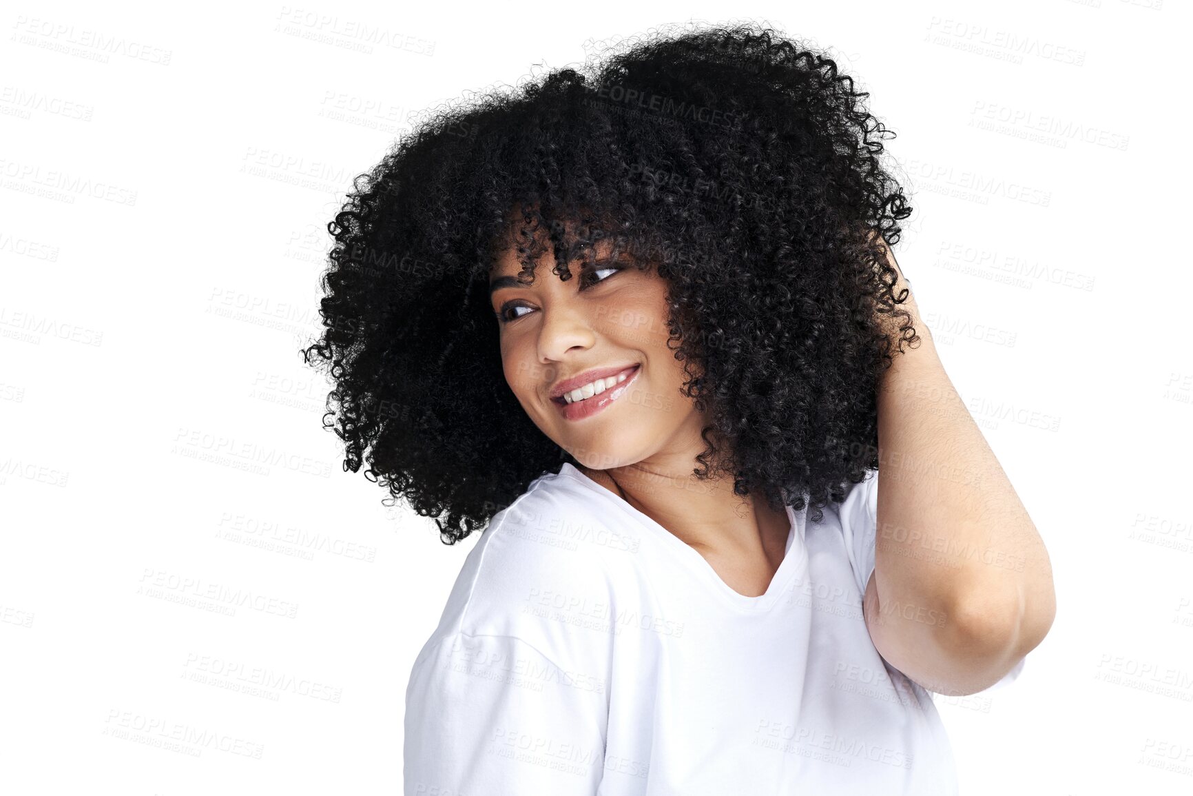 Buy stock photo Salon, afro and haircare for woman with smile in png with transparent and isolated background in africa. Beauty, happy and face with curly hairstyle for growth for luxury treatment with cosmetics.