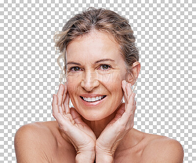 Buy stock photo Natural, mature or portrait of happy woman with beauty or self love isolated on transparent png background. Dermatology, face or confident senior person with facial glow, smile or skincare cosmetics 