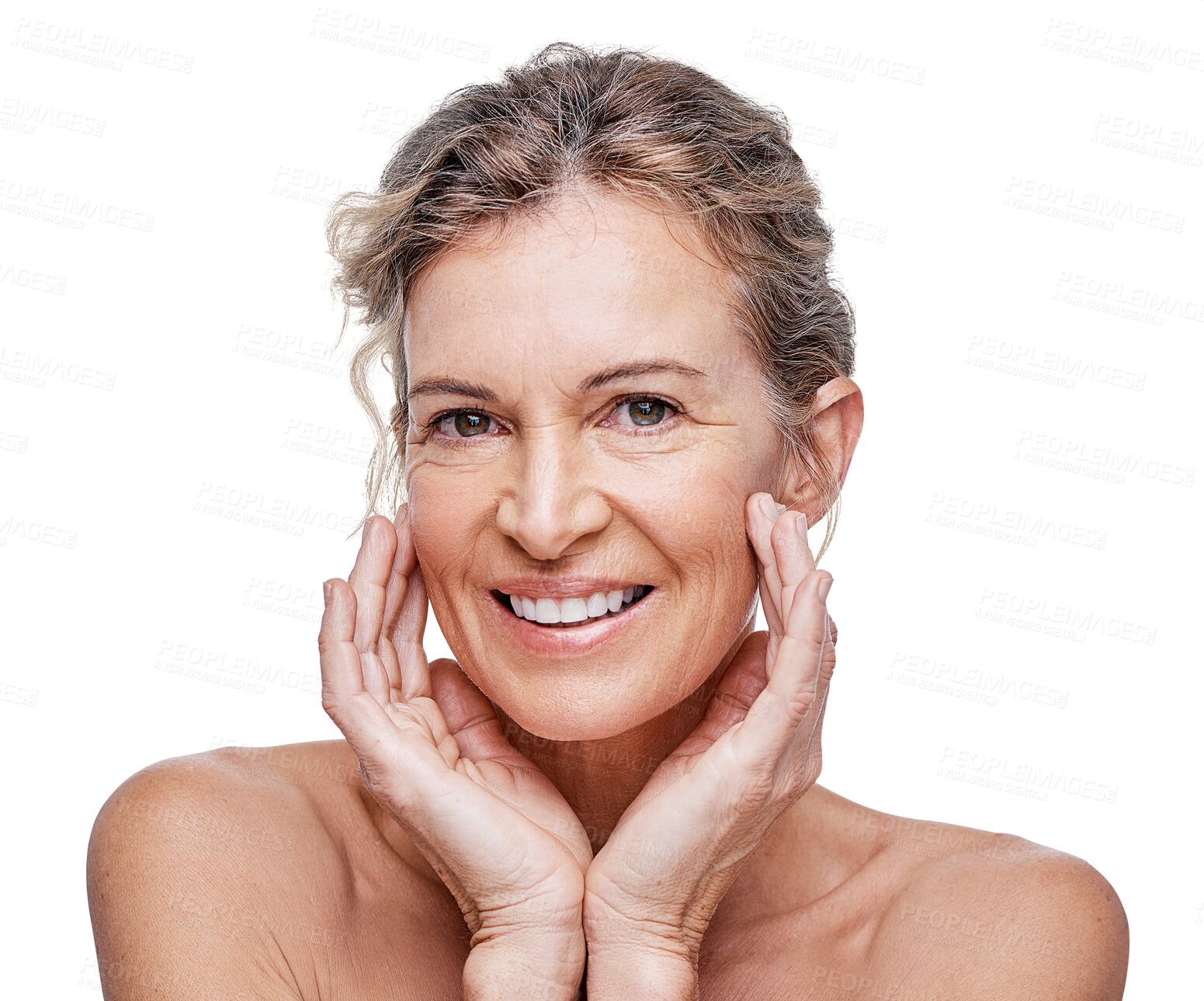 Buy stock photo Natural, mature or portrait of happy woman with beauty or self love isolated on transparent png background. Dermatology, face or confident senior person with facial glow, smile or skincare cosmetics 