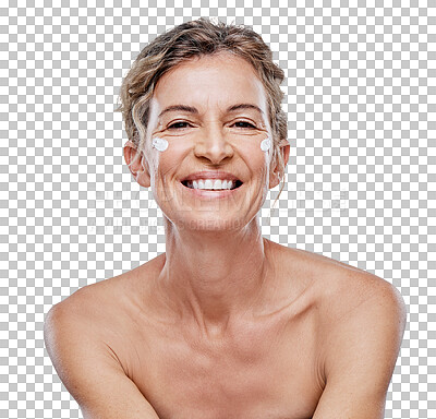 Buy stock photo Happy woman, portrait smile and skincare for face cream or dermatology isolated on a transparent PNG background. Mature female person or model with big smile for lotion, cream or facial treatment