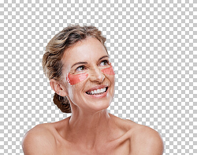 Buy stock photo Happy woman, face and eye patch for skincare, beauty or dermatology isolated on a transparent PNG background. Mature female person with big smile thinking for facial treatment, mask or collagen