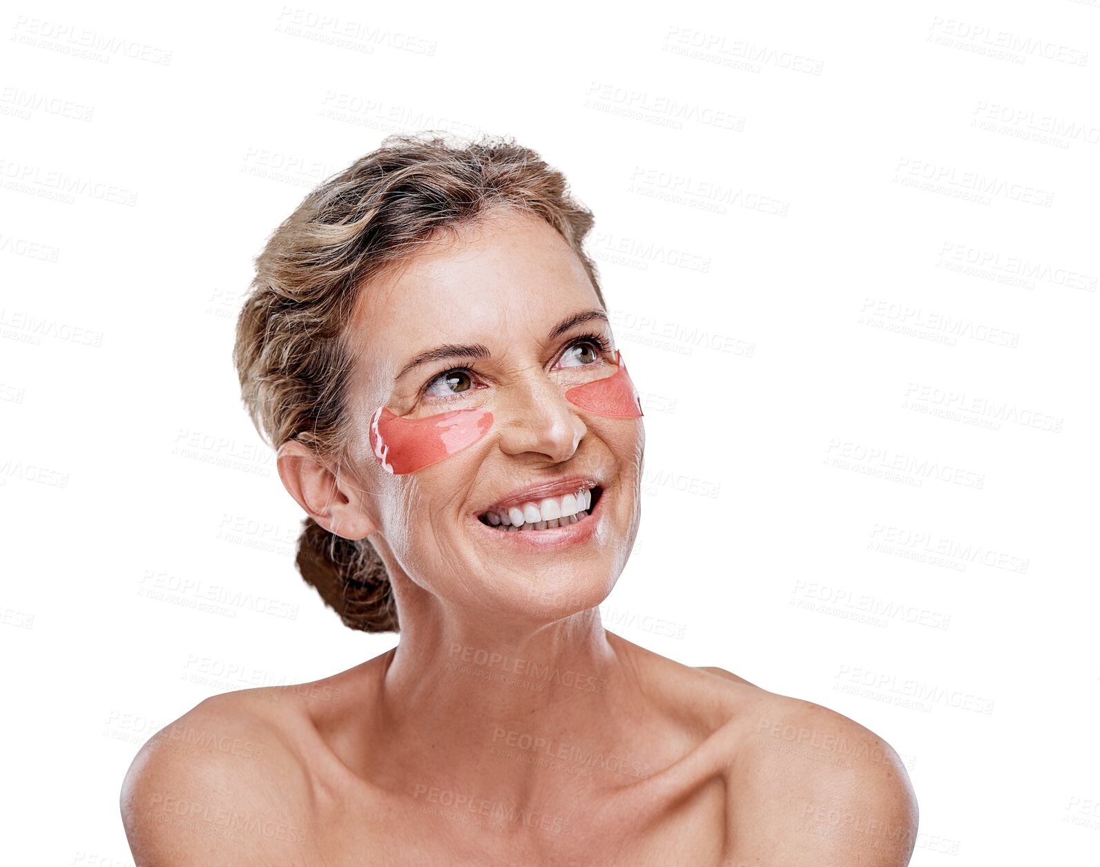 Buy stock photo Happy woman, face and eye patch for skincare, beauty or dermatology isolated on a transparent PNG background. Mature female person with big smile thinking for facial treatment, mask or collagen