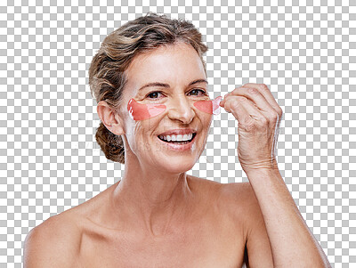 Buy stock photo Eye patch, beauty and senior woman face with dermatology and skincare isolated on a transparent, png background. Facial, elderly person and gel treatment for anti aging and portrait with smile