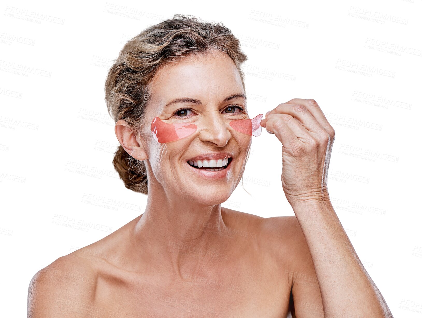 Buy stock photo Eye patch, beauty and senior woman face with dermatology and skincare isolated on a transparent, png background. Facial, elderly person and gel treatment for anti aging and portrait with smile