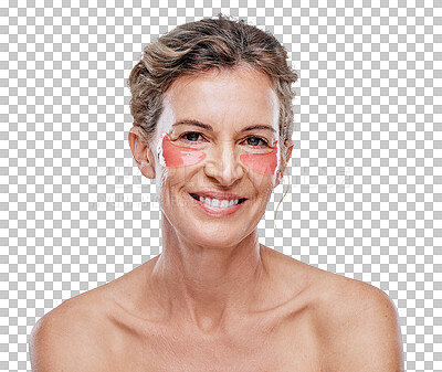 Buy stock photo Happy woman, face and eye patch for skincare, beauty or dermatology isolated on a transparent PNG background. Portrait of mature female person with big smile for facial treatment or mask under eyes